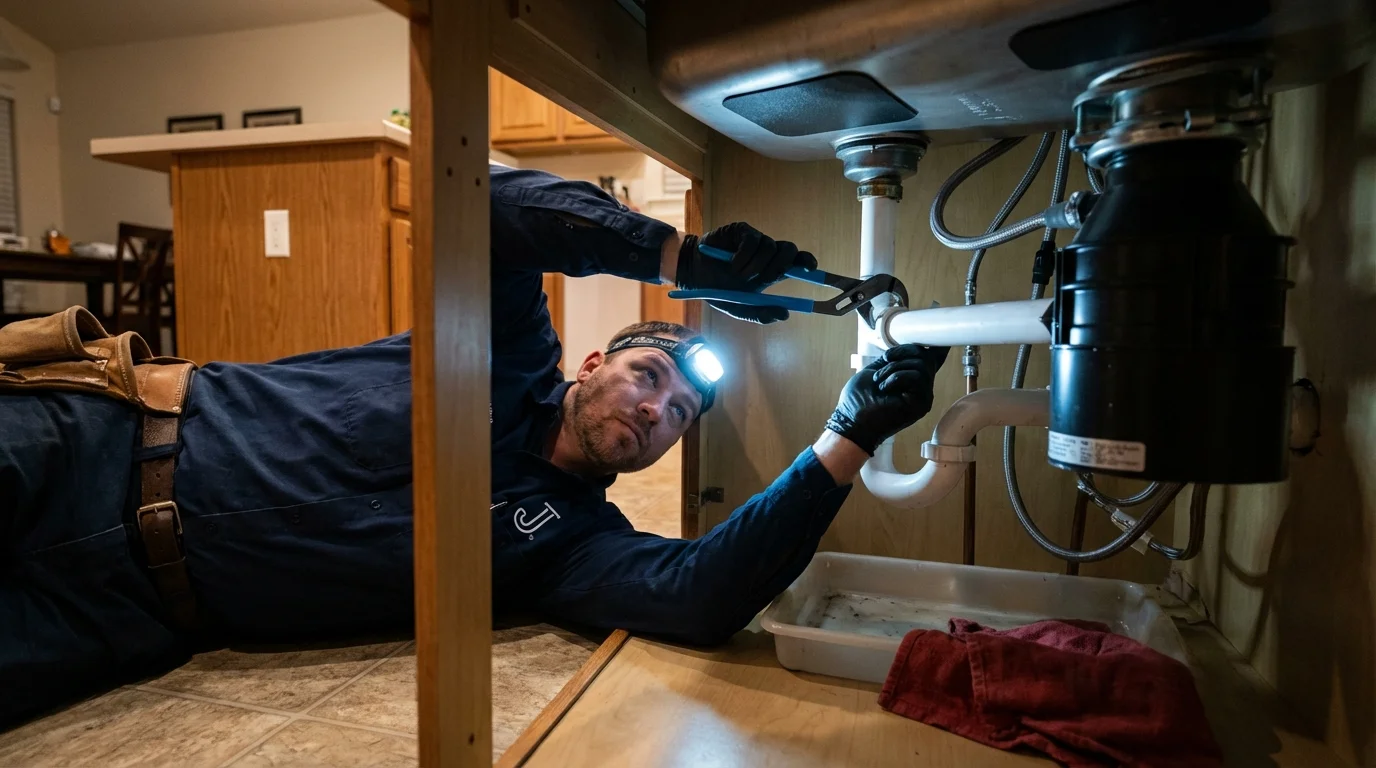 P-trap and supply line connections under a kitchen sink showing a common leak point in Lancaster, KY